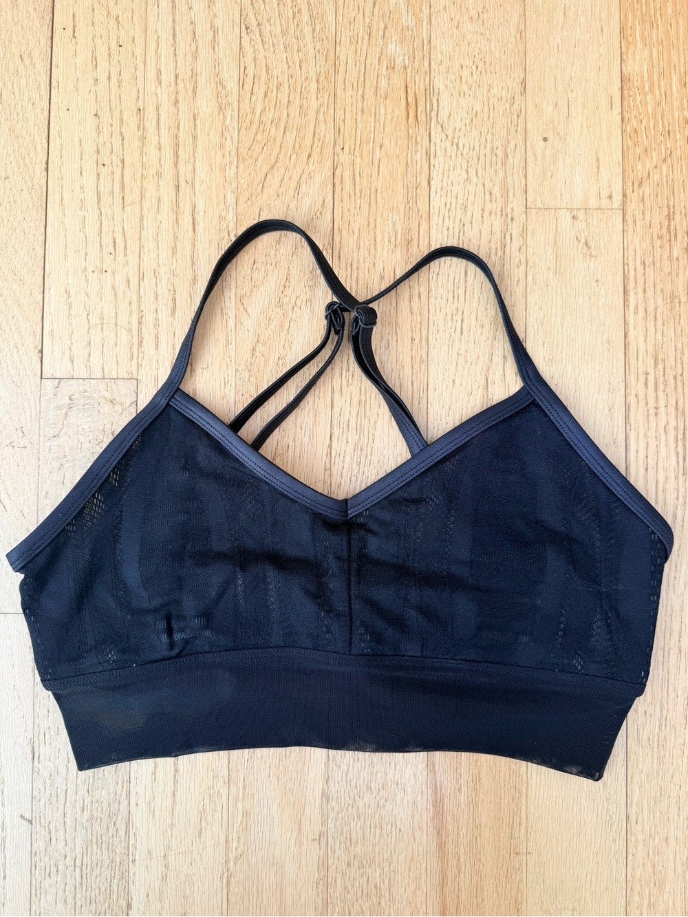 Worn Once: ALO Mesh Black / Beige Strappy Sports Bra, sz. Medium